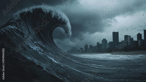 Tsunami wave towering over coastal city, dark clouds looming, birds fleeing, lowangle shot from beach perspective photo