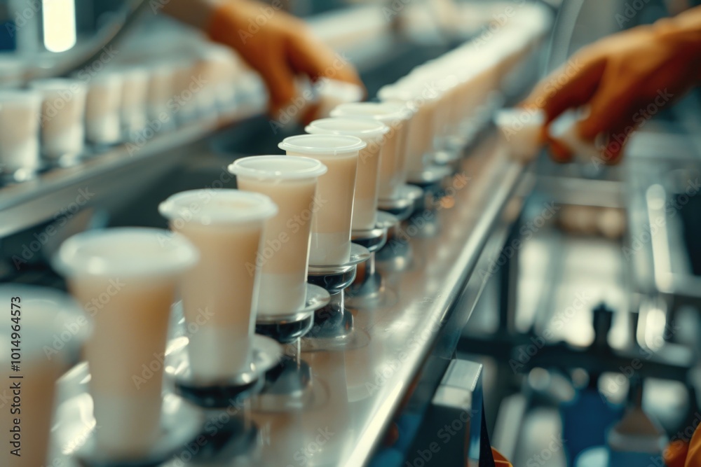 Conveyor belt carrying lines of cups and lids, industrial manufacturing setting Conveyor belt carrying lines of cups and lids, industrial manufacturing setting