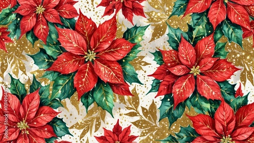 Red poinsettia flowers and golden leaves Christmas pattern.