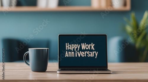 Laptop with 'Happy Work Anniversary' message and coffee mug on a wooden desk, relaxing office background.