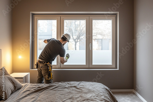 Construction worker installing new windows in a cozy bedroom, ensuring proper insulation and alignment. Focused on craftsmanship, he works with tools to enhance the home's energy efficiency