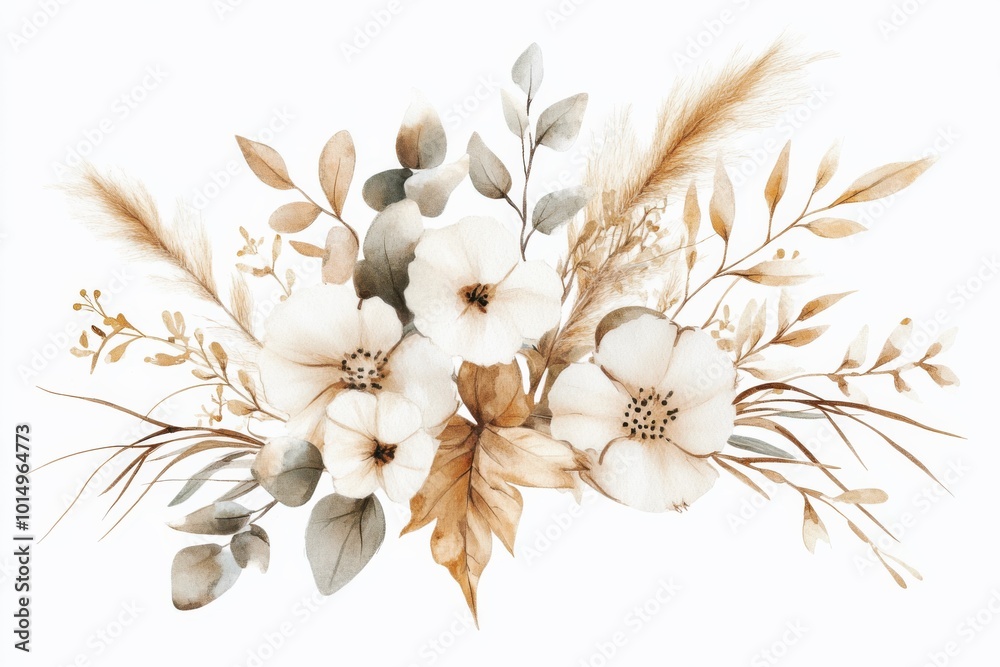 elegant boho watercolor floral bouquet with cotton leaves, dried foliage, eucalyptus, and pampas grass on white background