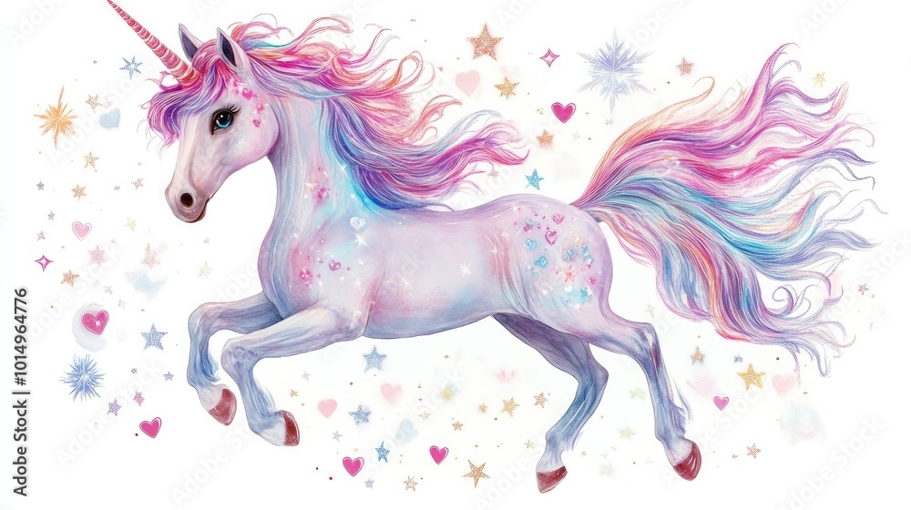 Fototapeta premium A charming pastel-colored unicorn with a flowing mane, surrounded by sparkling stars and hearts, set against a pristine white backdrop.