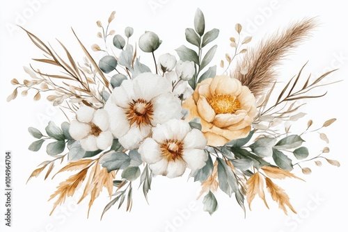 boho watercolor floral bouquet with cotton flowers, dried foliage, eucalyptus, and pampas grass in soft neutral tones