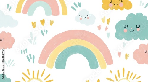 A cheerful pastel rainbow with fluffy clouds and smiling suns, creating a joyful scene on a bright white background, perfect for children decor.