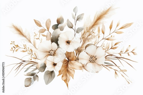 Obraz na płótnie elegant boho watercolor floral bouquet with cotton leaves, dried foliage, eucalyptus, and pampas grass on white background w salonie
