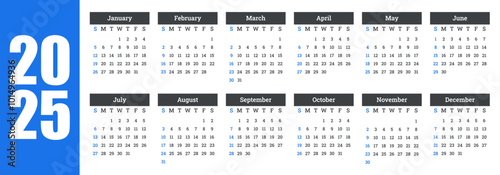 Horizontal Calendar 2025, Calendar 2025 Week Starts Sunday, Corporate design planner template. Vector calendar 2025 year