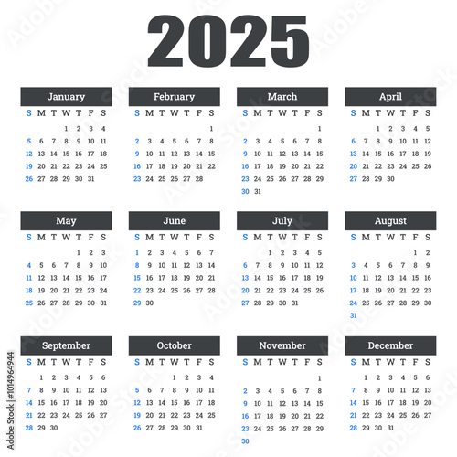 Calendar 2025, Calendar 2025 Week Starts Sunday, Corporate design planner template. Vector calendar 2025 year.