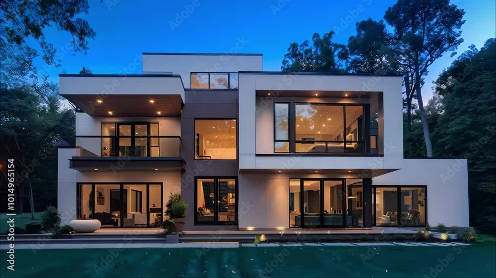 A modern two-story house with large windows, a sleek design, and a landscaped yard, set in a wooded area.