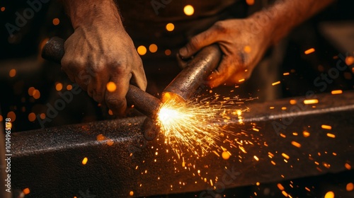 A craftsman welding metal, creating sparks and emphasizing the artistry and skill involved in metalwork. photo