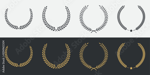 Laurel Wreath Icon Set. Vintage laurel wreaths. Collection of black laurel branches. Hand drawn silhouette laurel wreaths isolated frames best for depicting an award, achievement. Vector illustration.