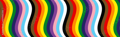 LGBTQ+ Striped Banner with Rainbow Background in LGBTQ+ Pride Flag Colors. Striped Banner Flag for LGBTQ or LGBTQIA plus Pride. Striped Rainbow Wallpaper. Vector Design for LGBTQ+ Pride Month Banner.