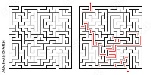 Square maze puzzle with solution. Simple logic game, maze challenge with entry and exit. Isolated labyrinth vector illustration
