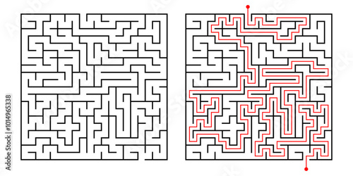 Square maze puzzle with solution. Simple logic game, maze challenge with entry and exit. Isolated labyrinth vector illustration