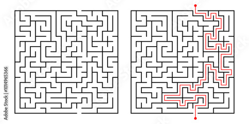 Unique labyrinth puzzle with a solvable path. Square-shaped maze with clear entry and exit. Isolated vector illustration.