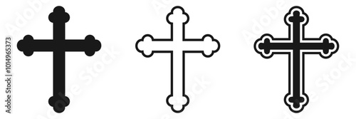 Flat ornate crucifix vector, solid and outline style, decorative cross, religious symbol, Christian icon, spiritual crucifix design, sacred art, black and white cross