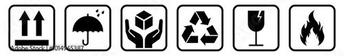 Common packaging & warning symbols with black frame. This side up, Keep dry, Handle with care, Recycled, Fragile, Flammable vector icon set.