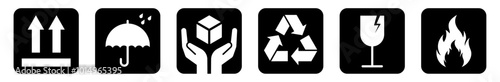 Common packaging & warning symbols in black with rounded stroke. This side up, Keep dry, Handle with care, Recycled, Fragile, Flammable vector icon set.