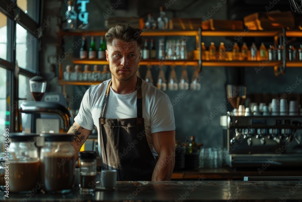 A man works at the counter in a restaurant A man works at the counter in a restaurant
