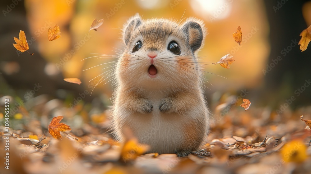 A cute hamster surrounded by autumn leaves, expressing joy.