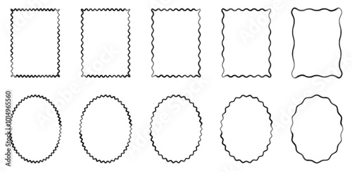 Set of rectangle and oval brush stroke frames with wavy edges on white background. Pop vintage groovy border. geometric wiggly borders. Vector Graphic Illustration.