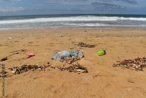 A picture of a garbage and debris like plastic bottles at the seashore in the beach