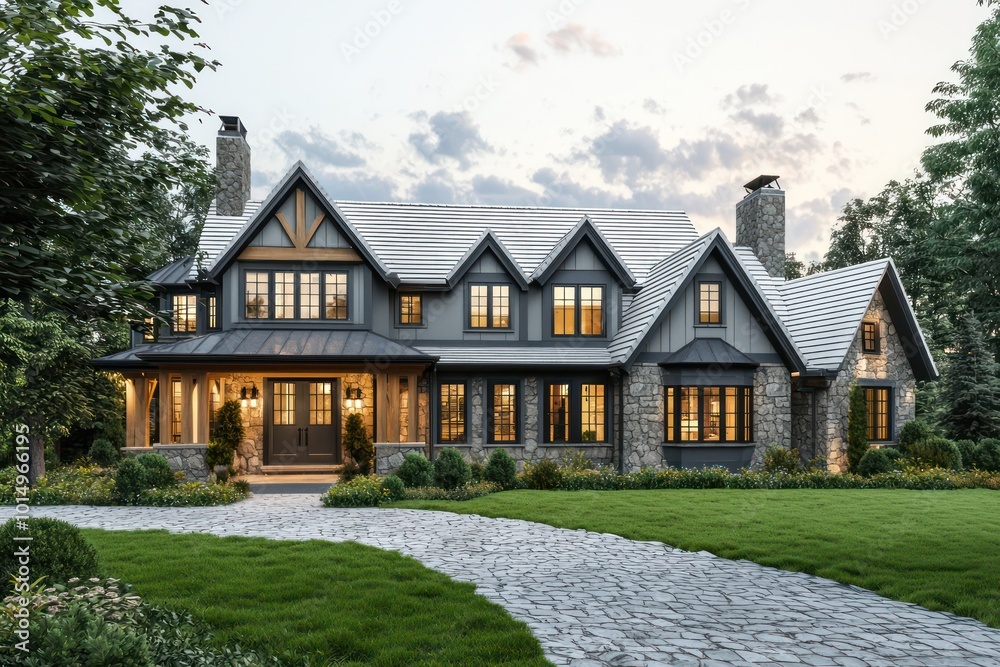 Rendering of a home exterior with smoke gray accents, traditional architecture, featuring slate and pine details, generous windows, snow white roof trim, a cobblestone driveway, and a lush green lawn Rendering of a home exterior with smoke gray accents, traditional architecture, featuring slate and pine details, generous windows, snow white roof trim, a cobblestone driveway, and a lush green lawn