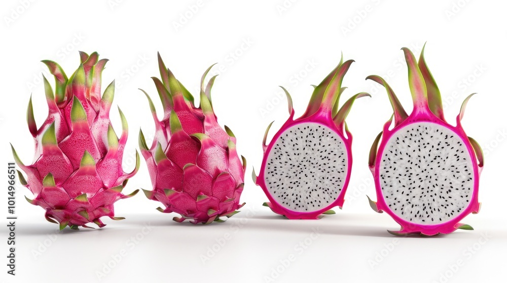 A grouping of dragon fruits sit side by side, showcasing their vibrant colors and unique shapes A grouping of dragon fruits sit side by side, showcasing their vibrant colors and unique shapes
