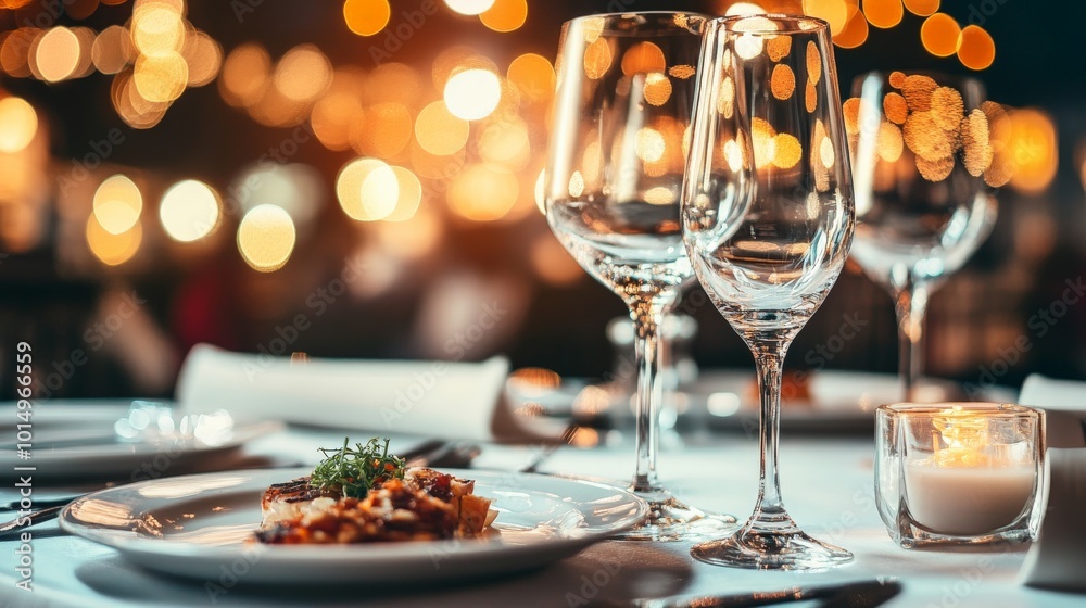 Fototapeta premium Elegant Wine Dinner Setting with Cozy Lighting