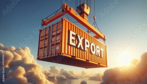 An "EXPORT" container being hoisted by a crane against a backdrop of clouds and sunset, symbolizing international shipments..Concept: Global Export Shipments, logistics