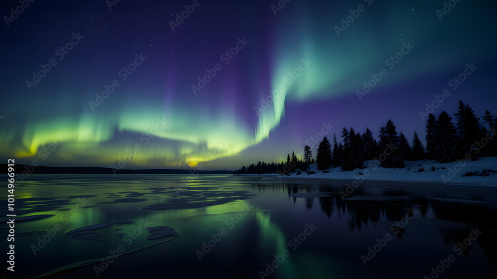 A clear winter night with the Northern Lights glowing in shades of green and purple, reflecting on a still lake with pine trees in the background
A clear winter night with the Northern Lights glowing in shades of green and purple, reflecting on a still lake with pine trees in the background