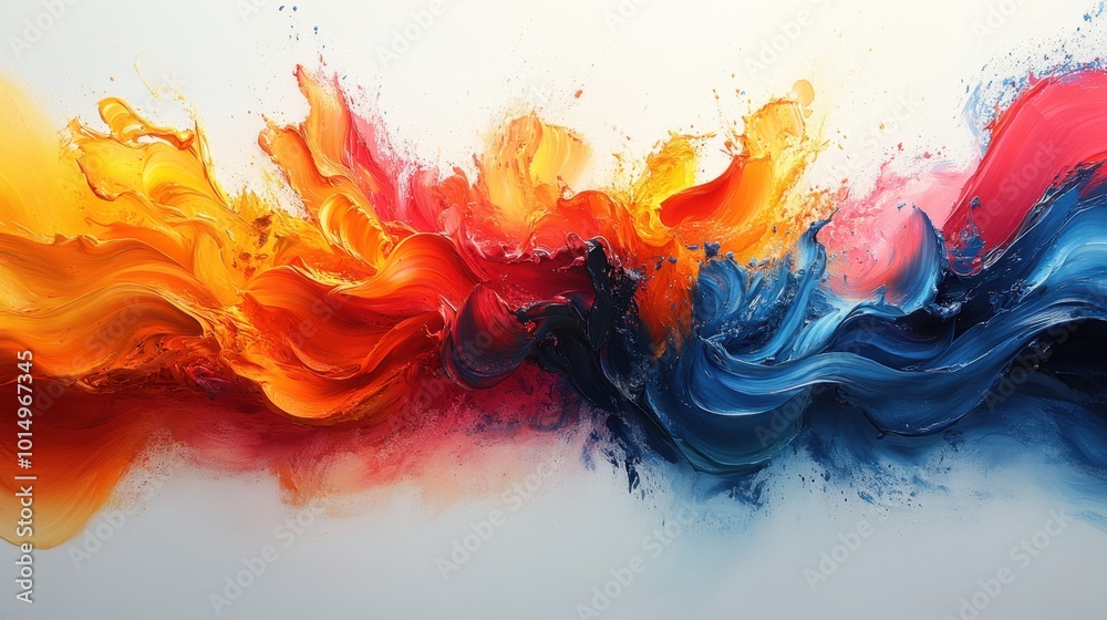 Abstract vibrant splash of paint on a white canvas, viewed from a front-facing angle to highlight the explosion of colors and textures Abstract vibrant splash of paint on a white canvas, viewed from a front-facing angle to highlight the explosion of colors and textures