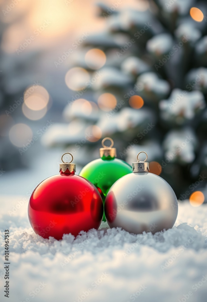 Christmas Ornaments in Snow with Soft Bokeh Lights and Evergreen Tree for a Festive Scene Christmas Ornaments in Snow with Soft Bokeh Lights and Evergreen Tree for a Festive Scene