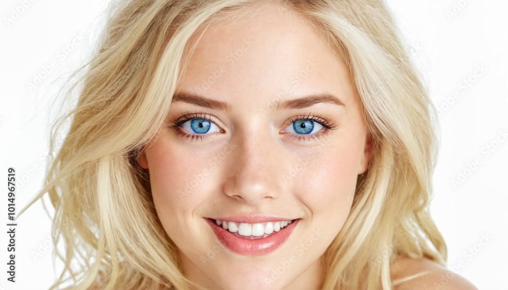 A close-up portrait of a young woman with blonde hair and blue eyes. She is smiling and looking at the camera. A close-up portrait of a young woman with blonde hair and blue eyes. She is smiling and looking at the camera.