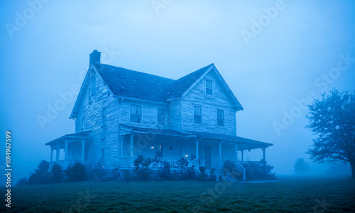 A Victorian house glows softly with blue light, enveloped by thick fog during the evening, creating an eerie and atmospheric setting.