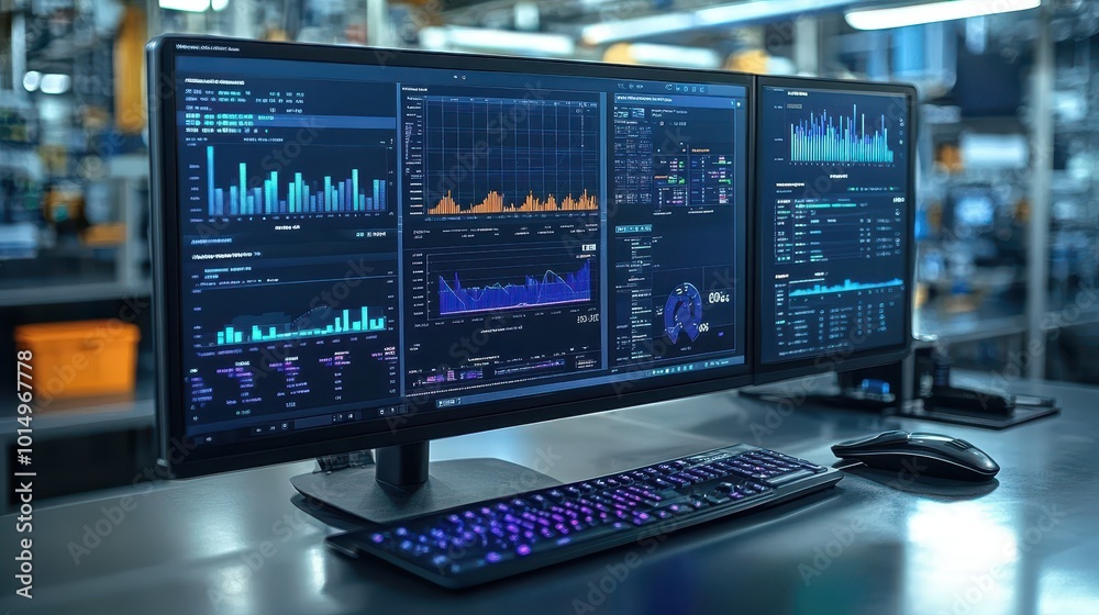 A high-tech workstation featuring dual monitors displaying data analytics, colorful graphs, and charts in a modern industrial environment. A high-tech workstation featuring dual monitors displaying data analytics, colorful graphs, and charts in a modern industrial environment.