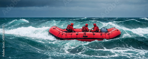 Two rescuers in a red raft face powerful waves while performing a daring maritime rescue amidst stormy conditions.