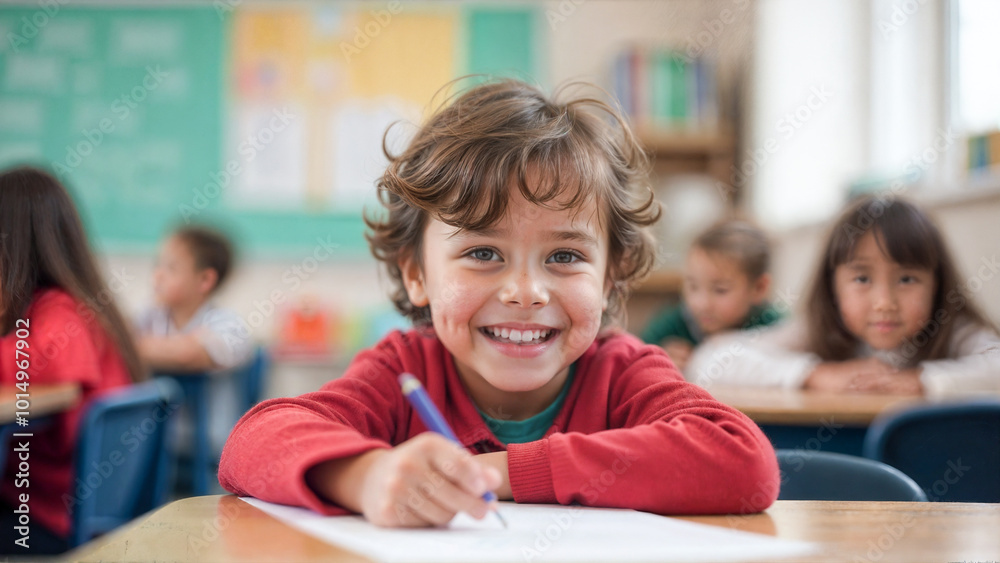 A cheerful boy sits at a desk, happily writing on paper in a vibrant classroom while other students work quietly in the background. A cheerful boy sits at a desk, happily writing on paper in a vibrant classroom while other students work quietly in the background.