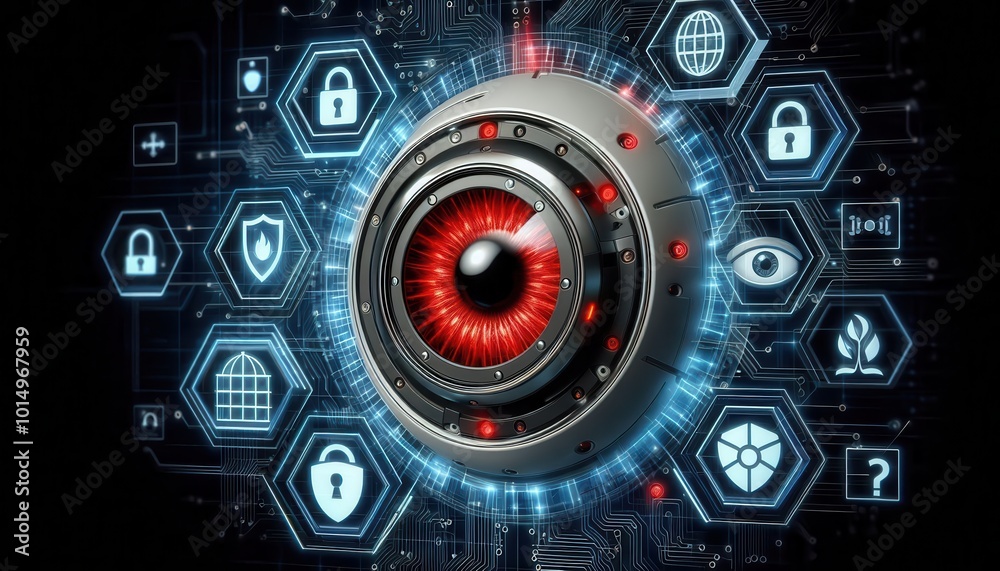 A robotic eye with a red iris surrounded by icons representing various ...