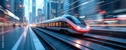 Sleek high-speed train races past modern skyscrapers during sunset, casting vibrant light trails the tracks in bustling urban environment. The warm colors enhance the dynamic atmosphere of city life