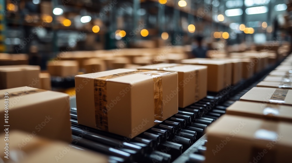 A cluttered warehouse with numerous cardboard boxes neatly aligned on conveyor belts, illuminated by soft warehouse lighting. A cluttered warehouse with numerous cardboard boxes neatly aligned on conveyor belts, illuminated by soft warehouse lighting.