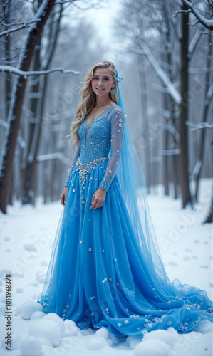 Dressed in an elegant blue gown, a woman with long blonde hair stands amidst a snowy forest, surrounded by tall trees, evoking a tranquil winter atmosphere.