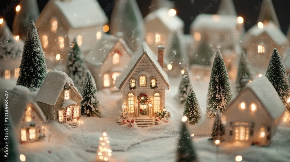 A miniature Christmas village adorned with tiny houses A miniature Christmas village adorned with tiny houses