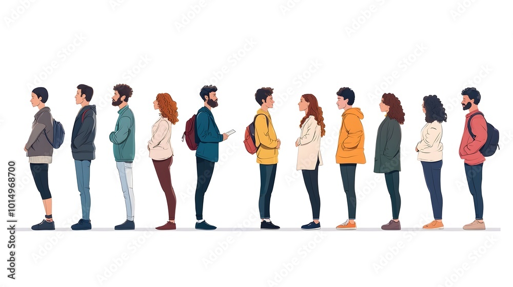 A diverse group patiently waiting in line with varying expressions of anticipation and expectation A diverse group patiently waiting in line with varying expressions of anticipation and expectation