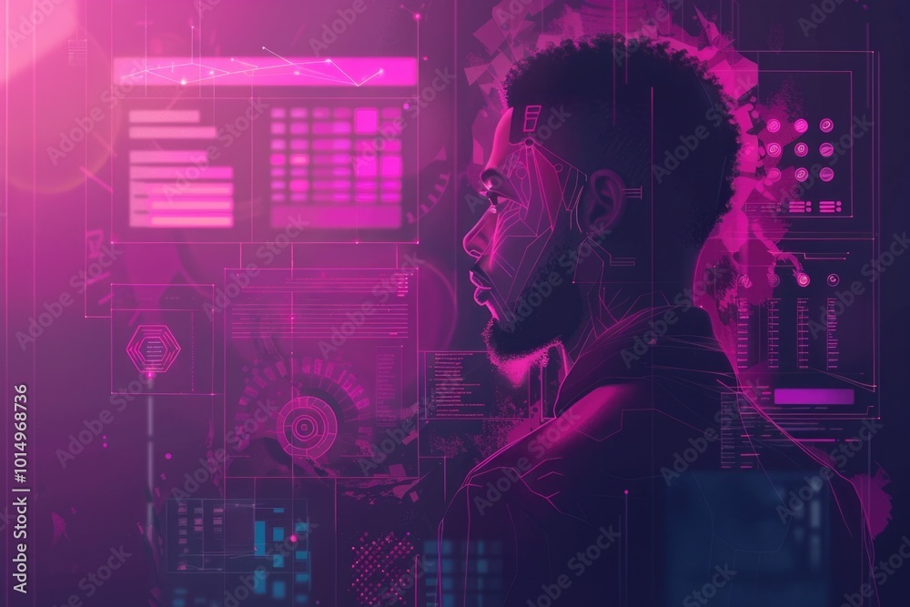 A person in a high-tech jumpsuit studying information on a computer screen A person in a high-tech jumpsuit studying information on a computer screen