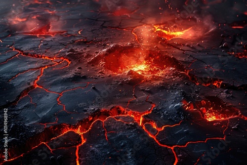 A close-up view of a volcano erupting, featuring flowing lava