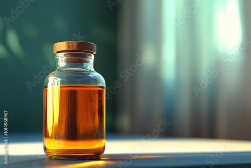 Glass Bottle Filled with Amber Liquid on a Table