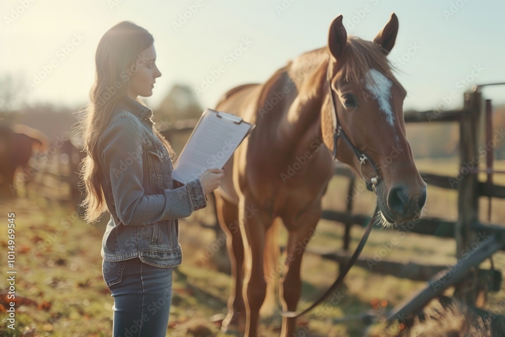 Obraz premium A woman stands beside a brown horse, both looking in the same direction