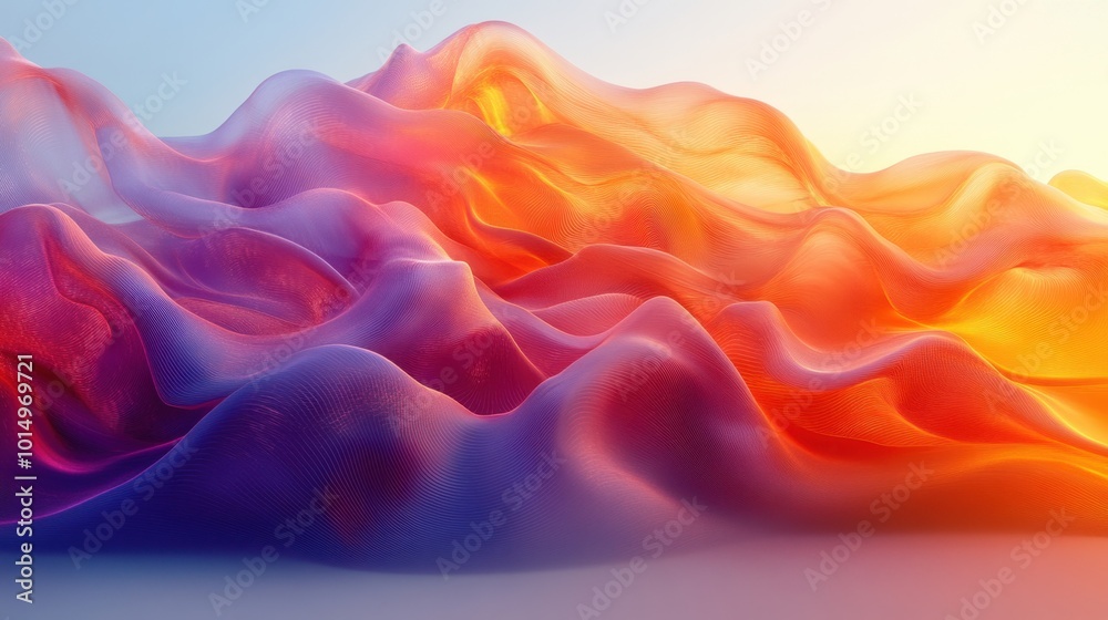 Abstract digital wave patterns in gradient colors, viewed from a side angle to show the smooth flow and depth Abstract digital wave patterns in gradient colors, viewed from a side angle to show the smooth flow and depth