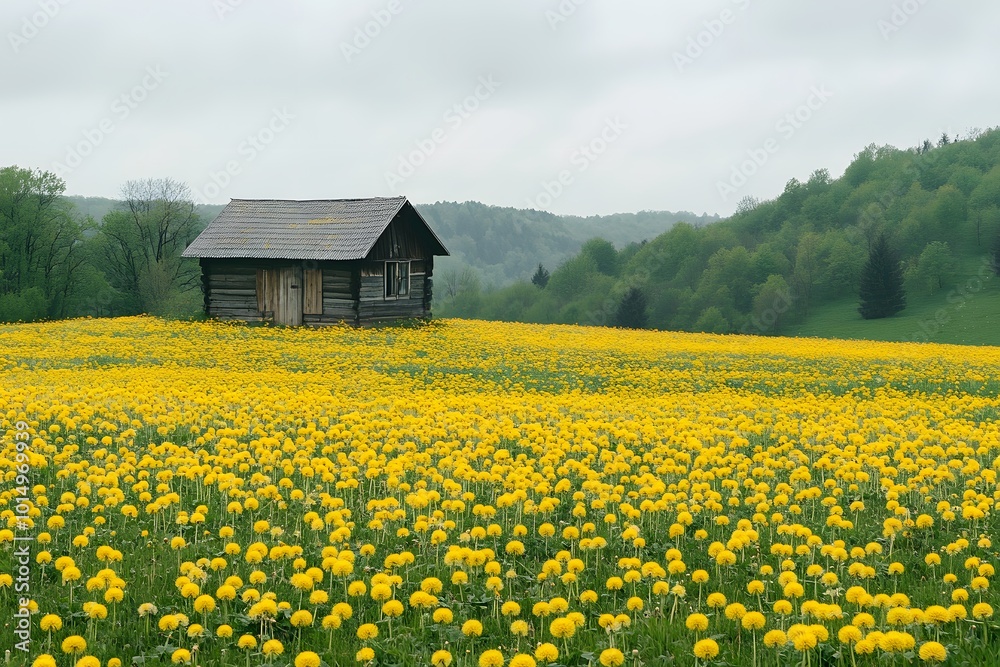 A Rustic Wooden Cabin Nestled in a Field of Dandelions A Rustic Wooden Cabin Nestled in a Field of Dandelions